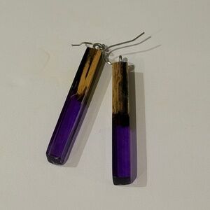 Wood and Purple Epoxy Resin Drop Earrings